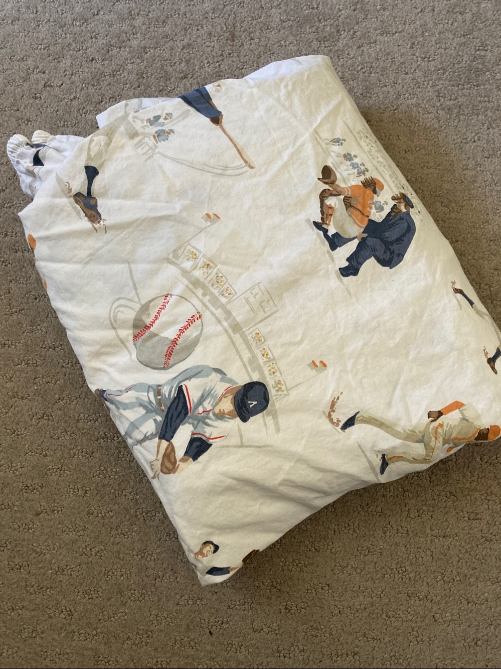 Pottery Barn Kids organic baseball fitted twin sheet.